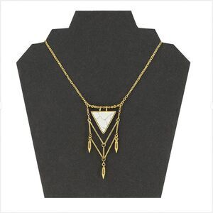 Gold Tone Metal White Marbles Glass Stone Triangle Pendant Necklace 26" - 28"